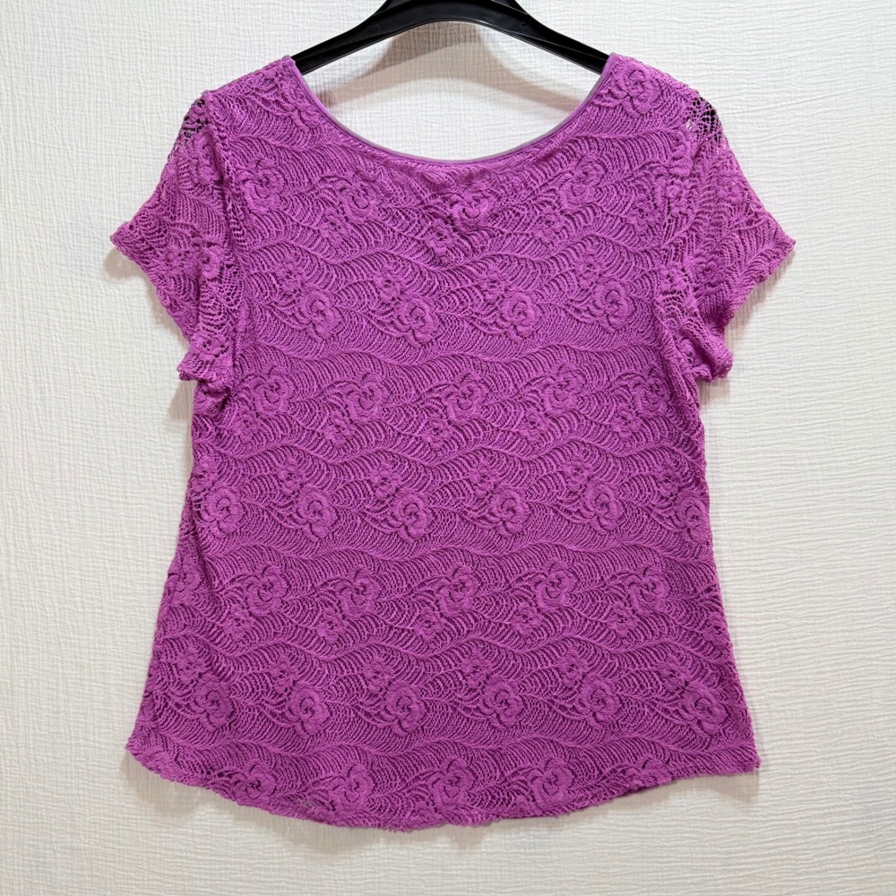 Leo & Nicole Lace Top Womens L Purple Short Sleeve Scoop Neck Floral Casual - Picture 2 of 7